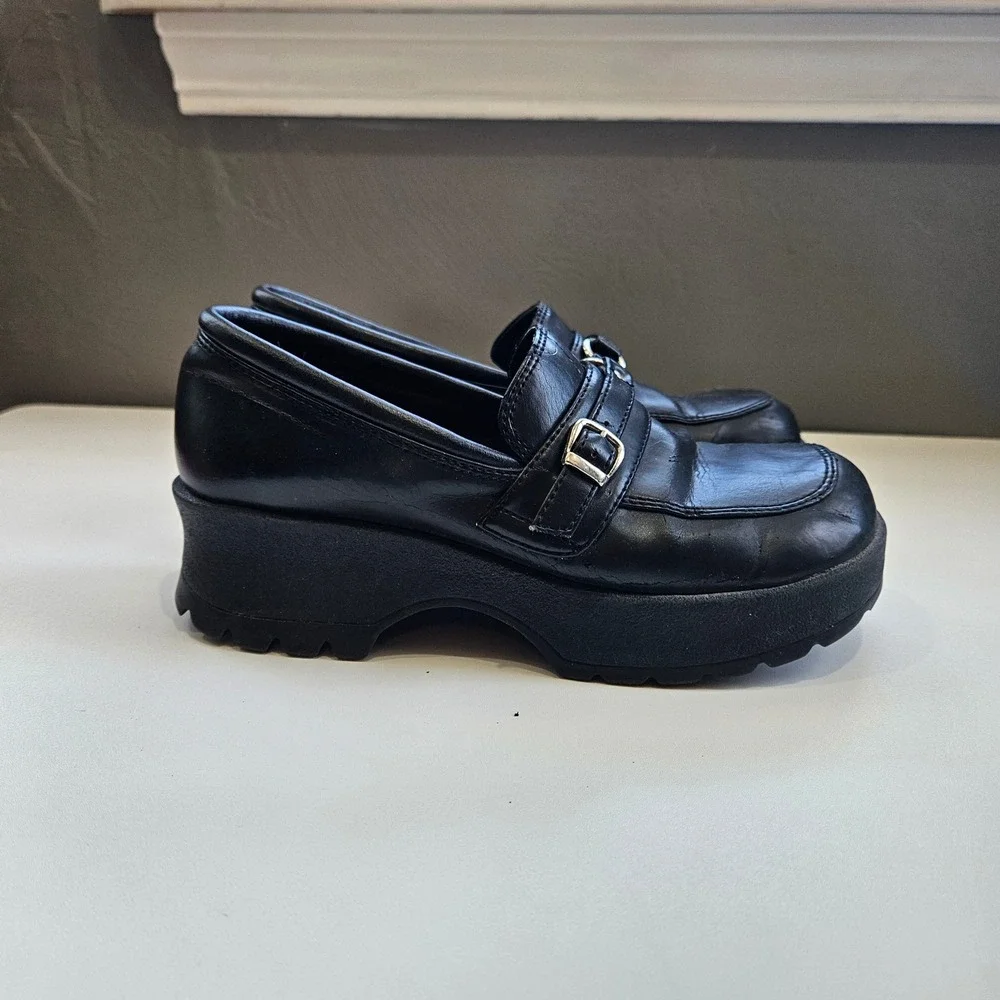 Vintage LEI 90s Y2K Black Chunky Platform Loafers Buckle Shoes Womens Size 6M